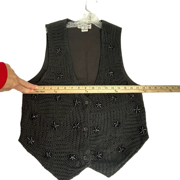 Cotton Express Black Crocheted Beaded Vest Sweater Cardigan SZ M - Picture 4 of 5